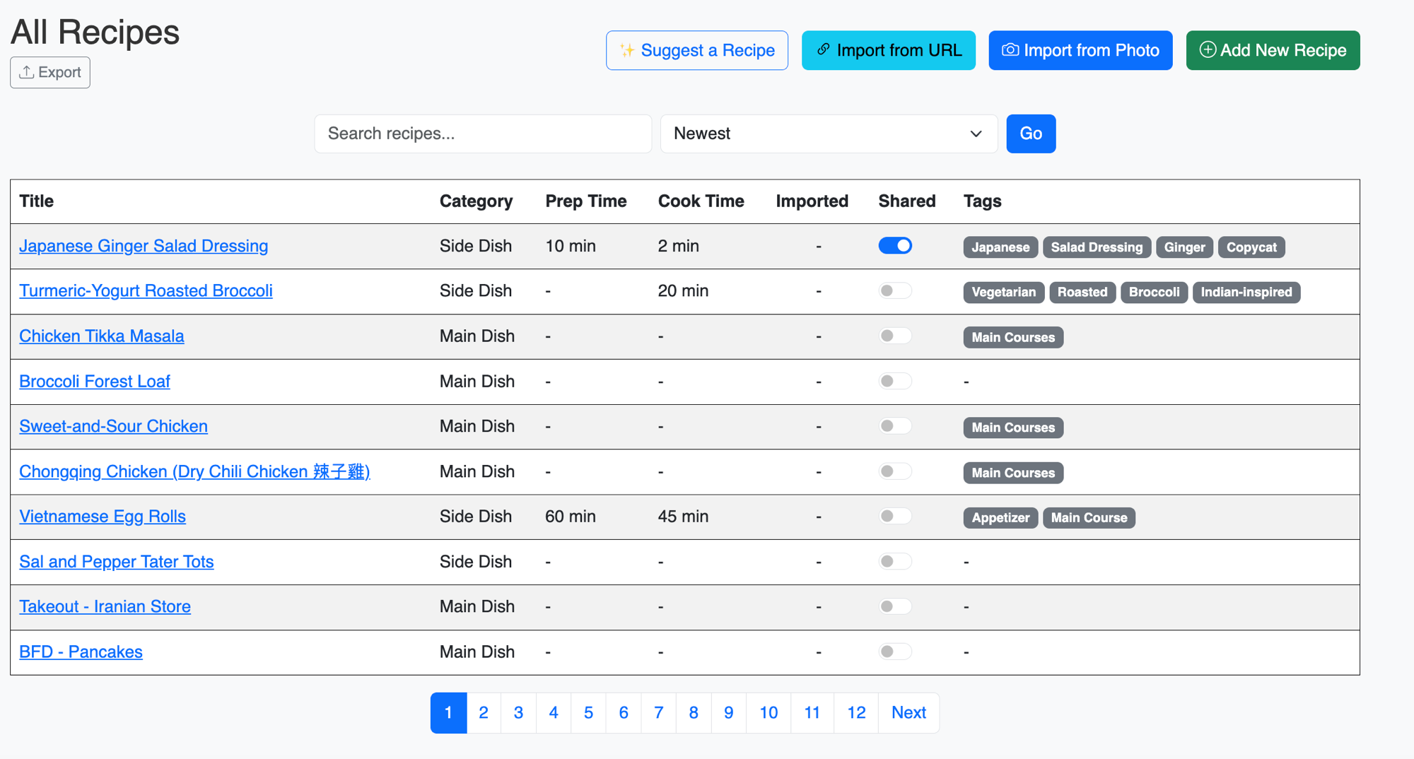 Recipe list screenshot