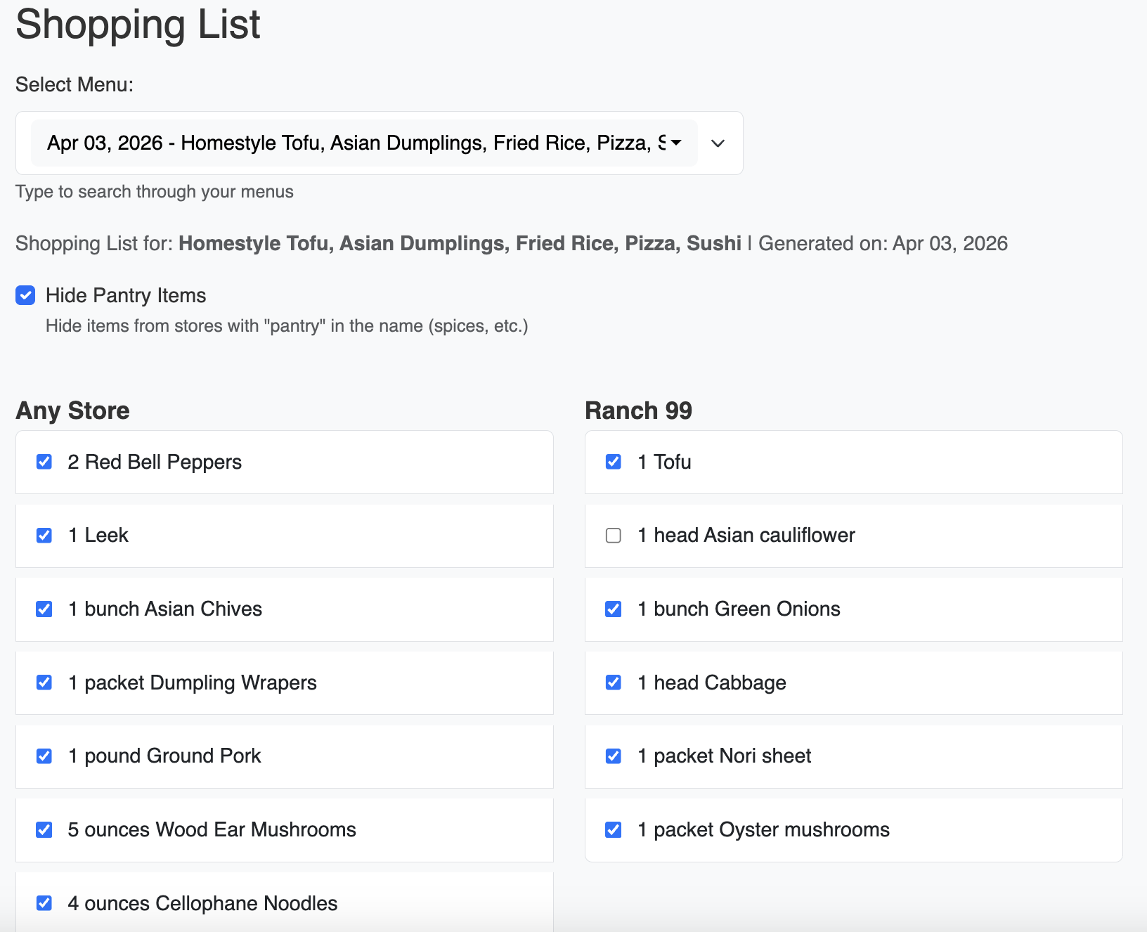Shopping list screenshot